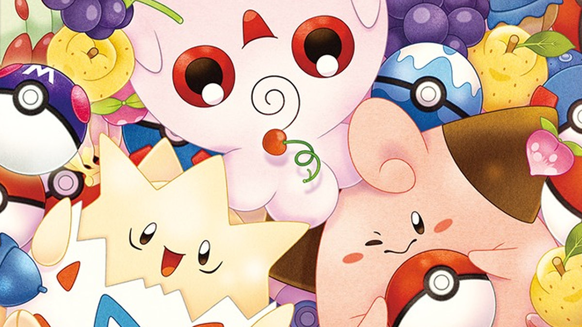 An illustration of Igglybuff, Togepi, and Cleffa surrounded by Poke Balls and berries.