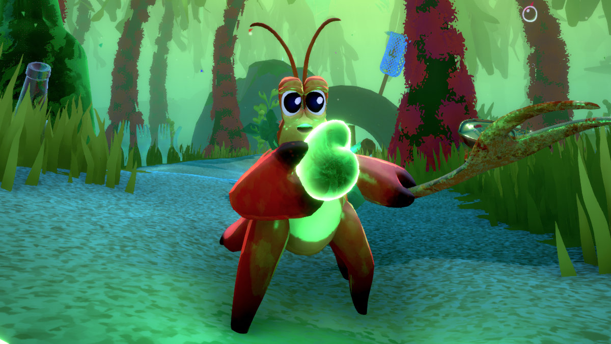 An Another Crab's Treasure screenshot of Kril the hermit crab holding a green glowing rock.