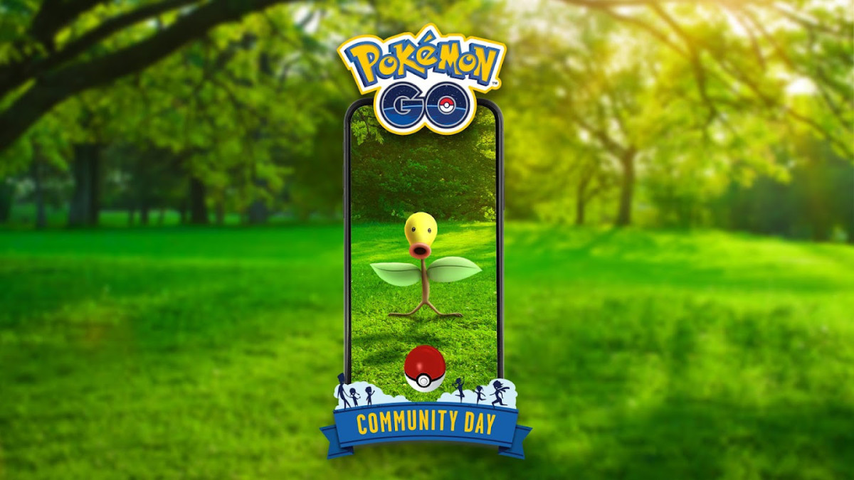 An image of Bellsprout in a smartphone. The Pokemon GO logo and Community Day logo are above and below the smart phone, respectively.