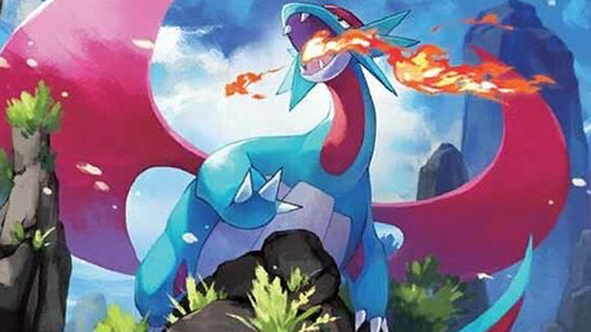 An illustration of Salamence using a fire attack.