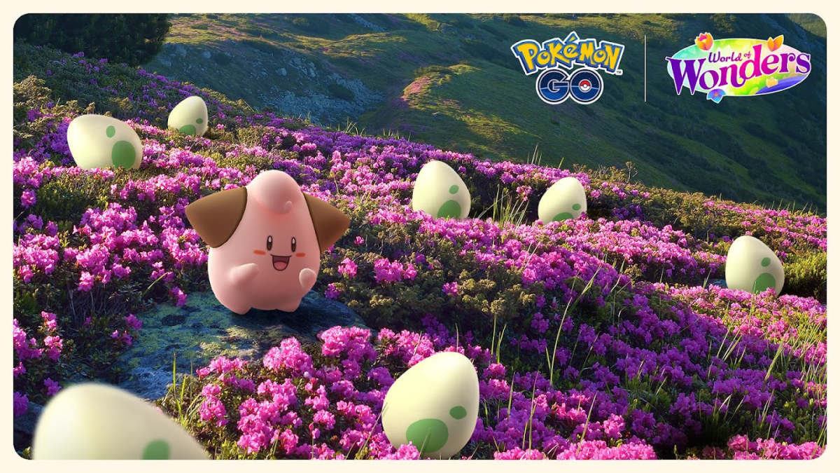 An image of Cleffa surrounded by many 2km Eggs in a field of flowers.