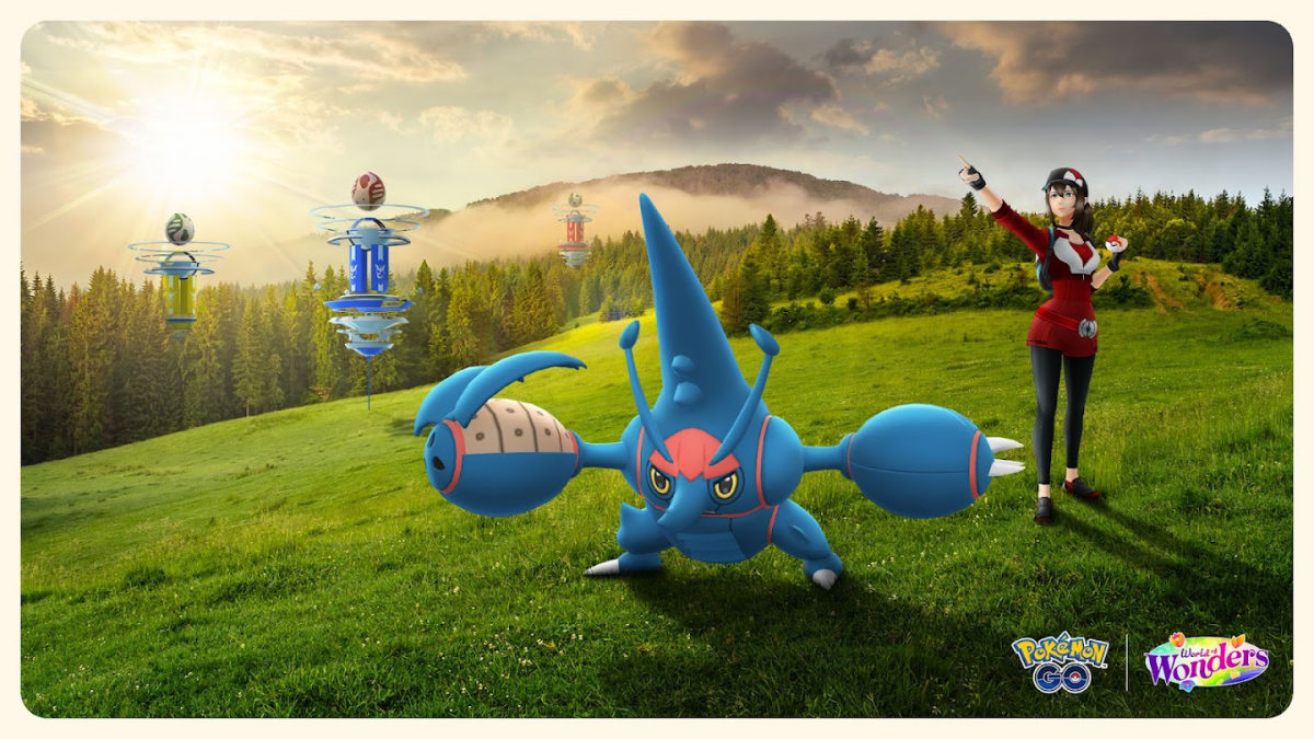 An image of a Trainer and Mega Heracross with Mega Raid Eggs in Gyms in the background.