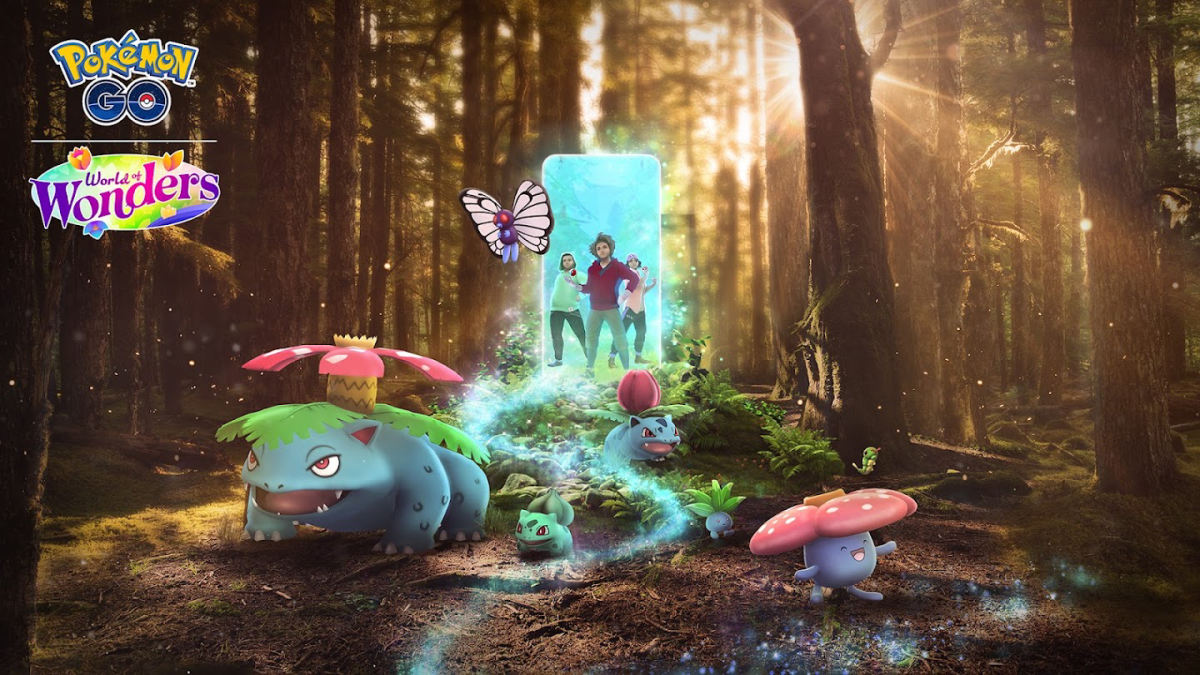 An image of Bulbasaur, Ivysaur, Venusaur, Vileplume, Butterfree, and three Pokemon GO Trainers in a forest.