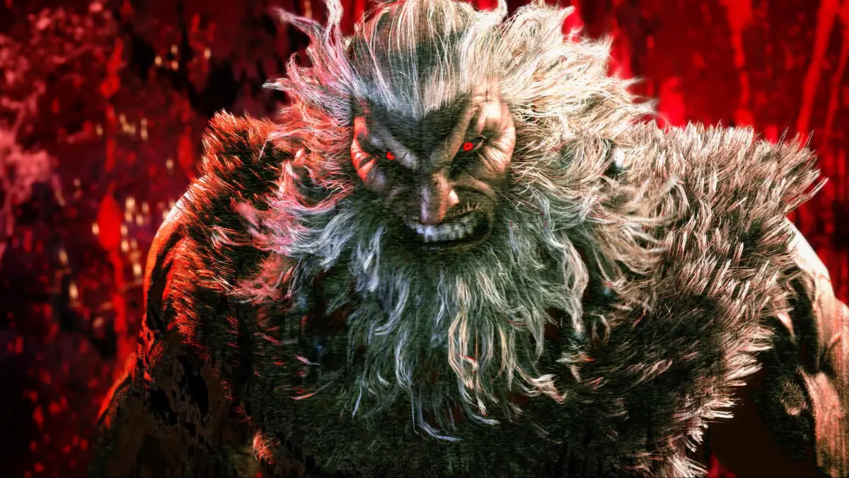A screenshot of a very angry looking Akuma in Street Fighter 6.