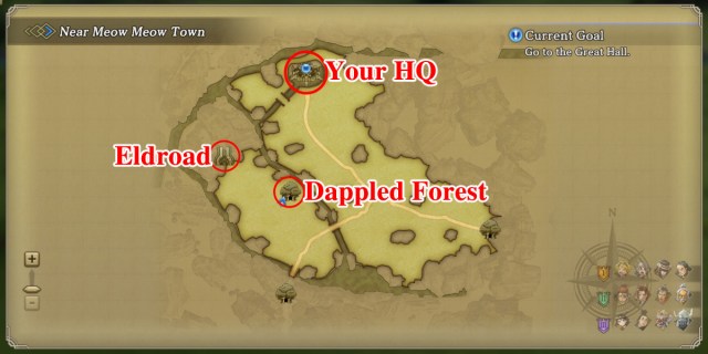 An Eiyuden Chronicle: Hundred Heroes screenshot of the map. The HQ, Dappled Forest, and Eldroad are circled and labeled in red.