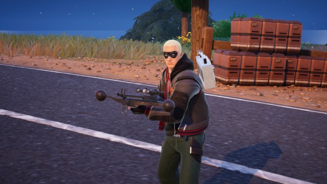 Screenshot of Slim Shady holding Wookie Bowcaster Mythic Weapon in Fortnite.