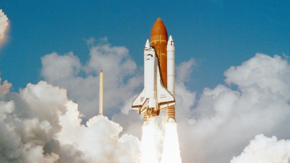 A photograph of a space shuttle launching.