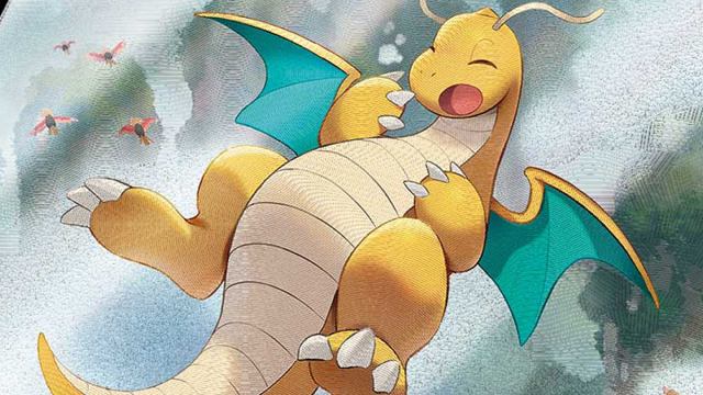 An illustration of a yawning Dragonite.