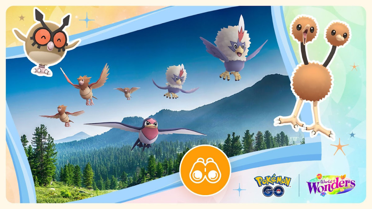 An image of Hoothoot, Spearow, Taillow, Rufflet, and Doduo in Pokemon GO.