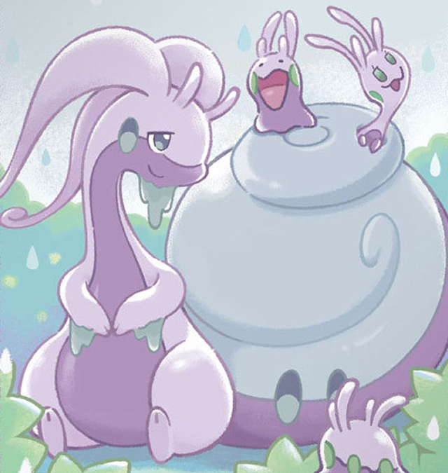 An illustration of Goomy, Hisuian Sliggoo, and Hisuian Goodra.