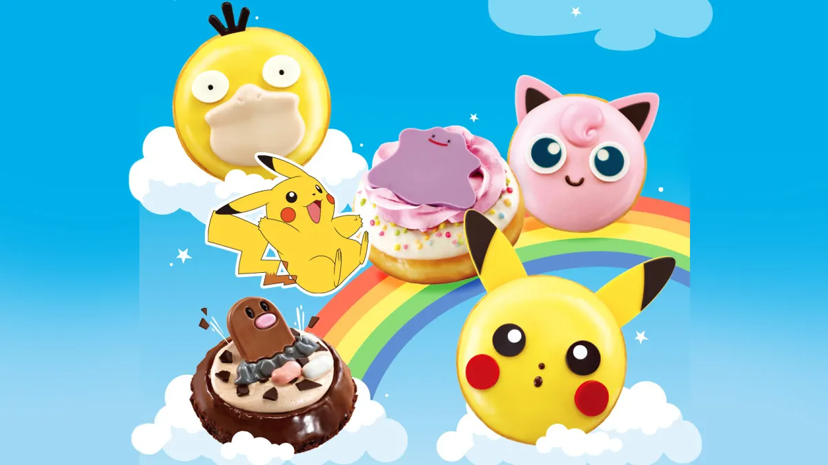 An image of Psyduck, Jigglypuff, Ditto, Diglett, and Pikachu donuts.