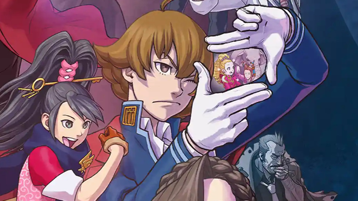 An illustration of Eustace Winner surrounded by other Ace Attorney Investigations characters.