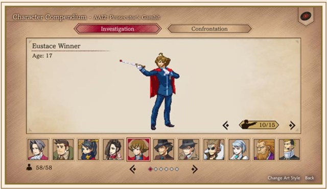 An Ace Attorney Investigations 2 screenshot of Eustace Winner's profile.