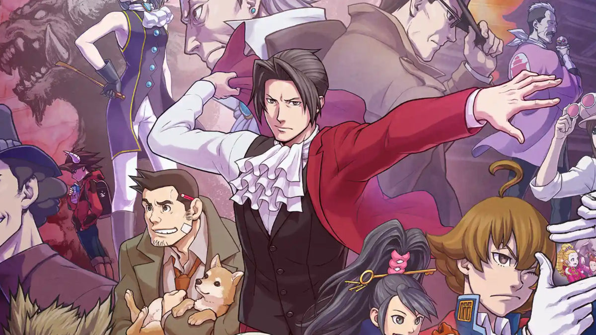 An illustration of Miles Edgeworth surrounded by other Ace Attorney Investigations characters.
