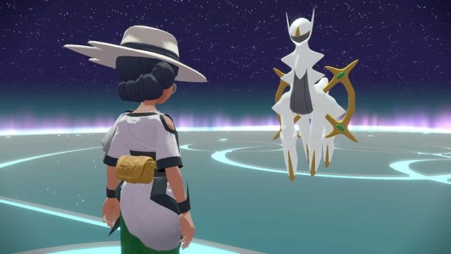 A Pokemon Legends: Arceus screenshot of the player facing Arceus.