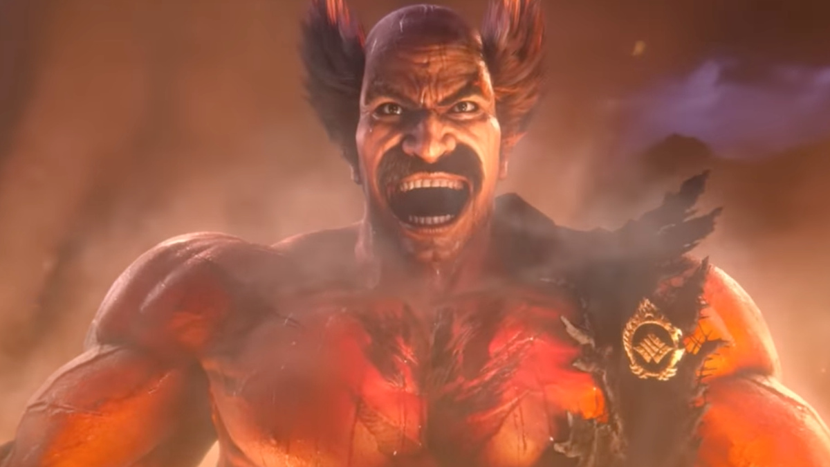 A Tekken 8 screenshot of Heihachi Mishima walking out of a volcano practically unharmed.