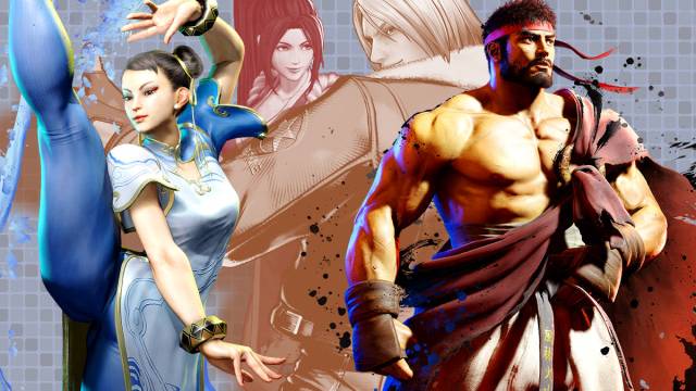 A compilation of official images of Ryu, Chun-Li, Terry Bogard, and Mai Shiranui.