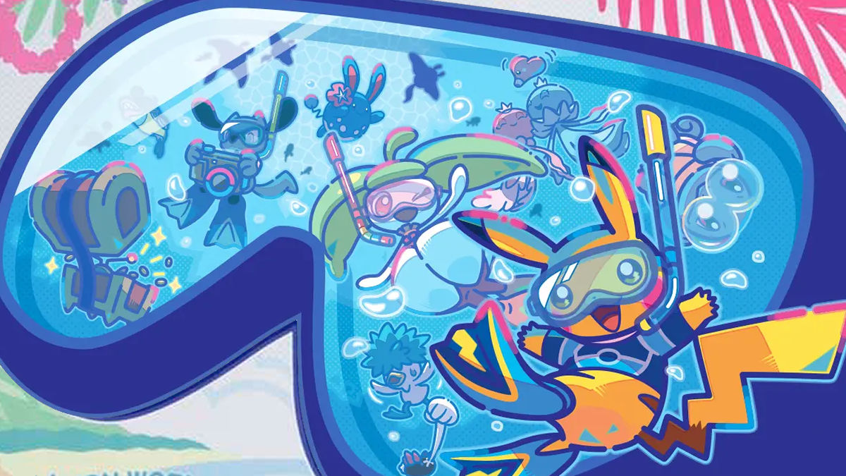 An illustration of many different Pokemon scuba diving.