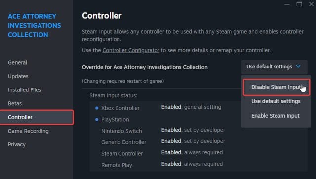 Ace Attorney Investigations Collection Disable Steam Input