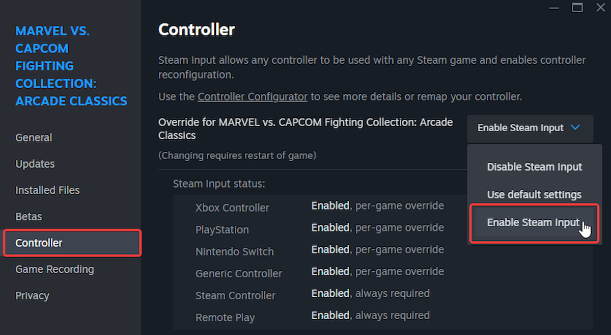 Cómo solucionar los problemas del controlador de Marvel vs Capcom Fighting Collection en PC