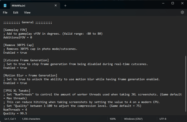 FFXVIFix.ini Screenshot