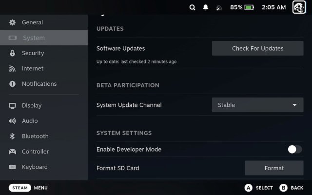 Select Beta Steam Deck Setting