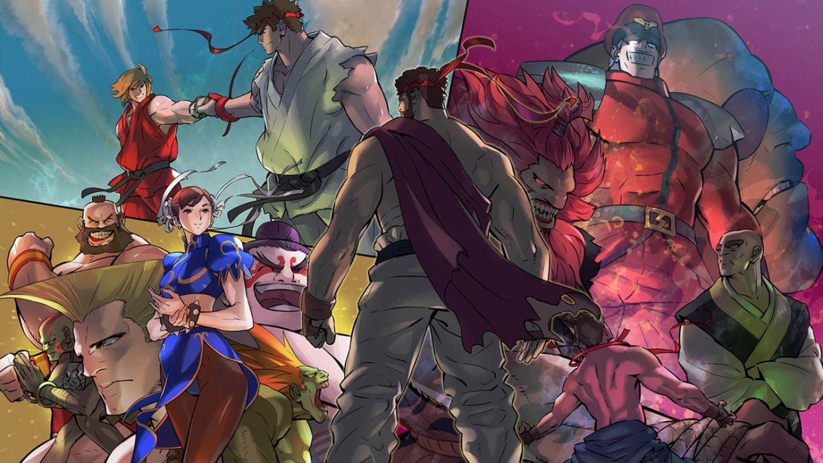 An illustration of numerous Street Fighter characters together.