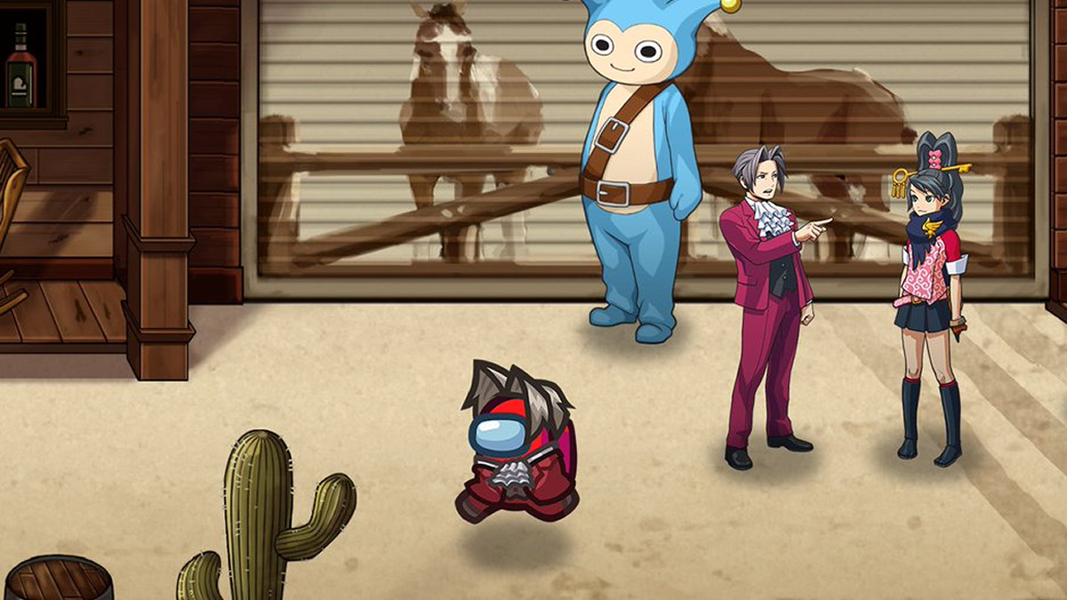 An image, not screenshot, of a Miles Edgeworth Crewmate walking in the world of Ace Attorney Investigations.