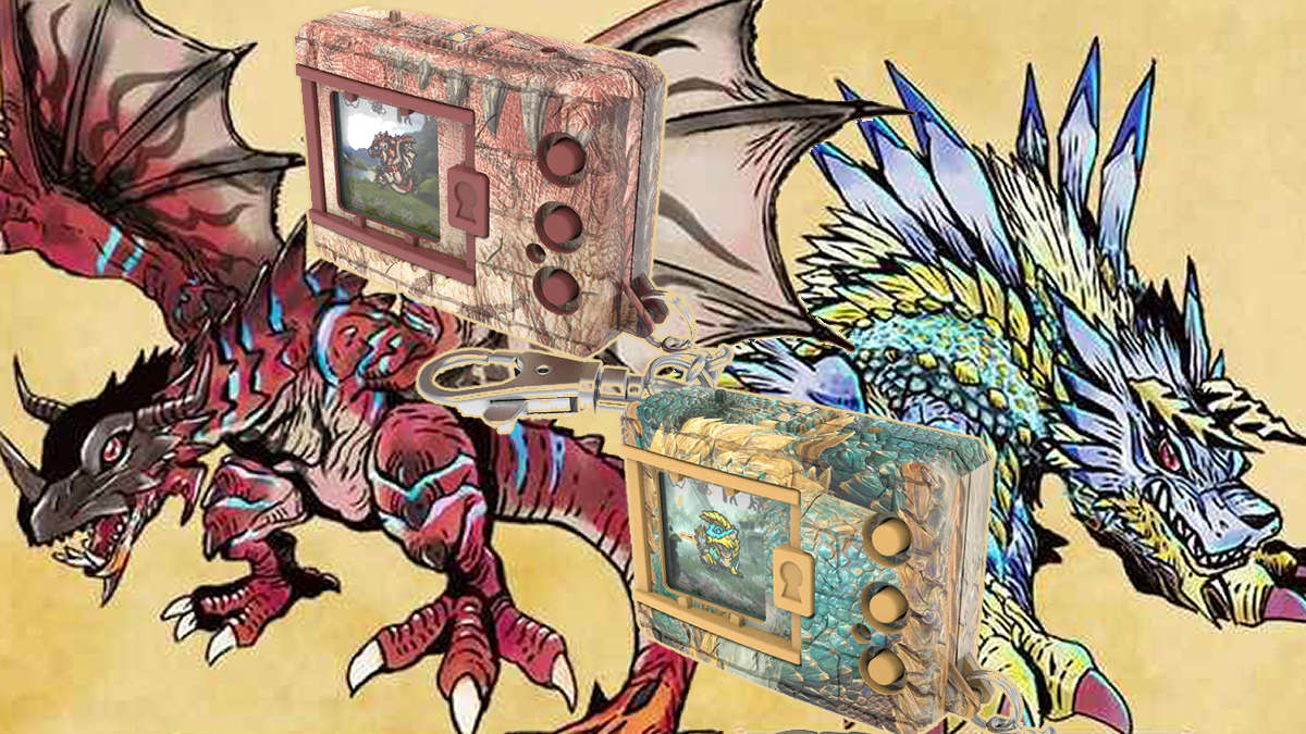 Artwork of Losgreymon and Zinogarurumon with their associated Digimon COLOR devices.