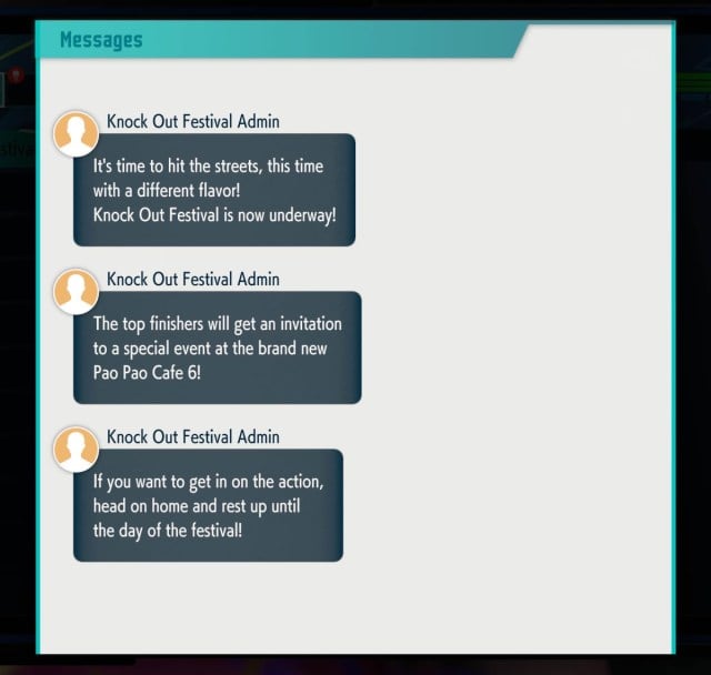 A Street Fighter 6 World Tour Mode screenshot of the messages from Knock Out Festival Admin.