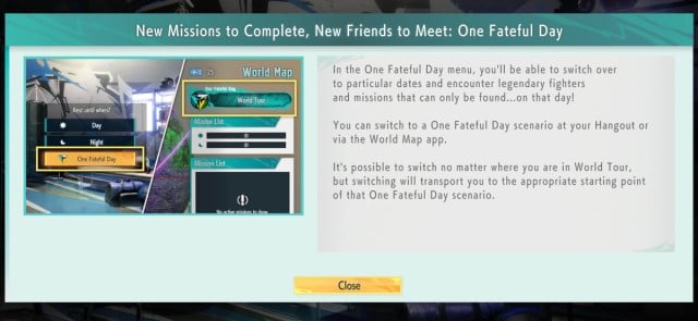 A Street Fighter 6 World Tour Mode screenshot explaining how to access One Fateful Day from the hangout.