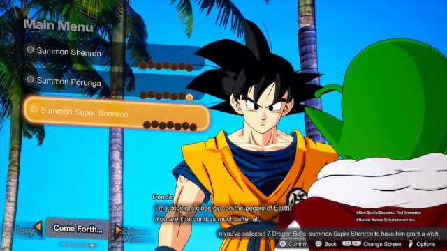 Goku and Dende discussing wish options in Dragon Ball: Sparking! ZERO, with the menu displaying Summon Shenron, Summon Porunga, and Summon Super Shenron.