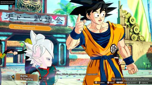 Goku interacting with Supreme Kai in Dragon Ball: Sparking! ZERO at the World Tournament area, ready for a new training challenge.