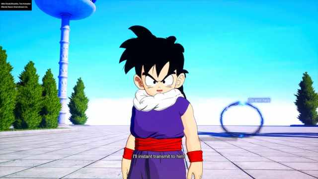 Gohan standing determinedly in front of the Hyperbolic Time Chamber with a message of Go and Help in the background.