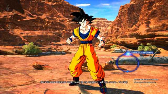 Goku, with a halo above his head, stands in a desert-like area looking determined. The mission objective is to shake off Babidi's brainwashing spell.