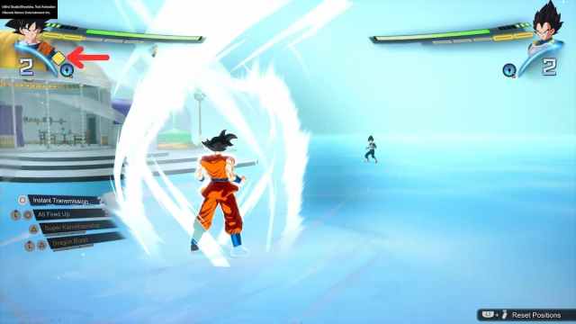 Goku powering up in the Hyperbolic Time Chamber, preparing to fight Vegeta in Dragon Ball: Sparking! ZERO, with HUD indicators like the Switch icon being pointed out.