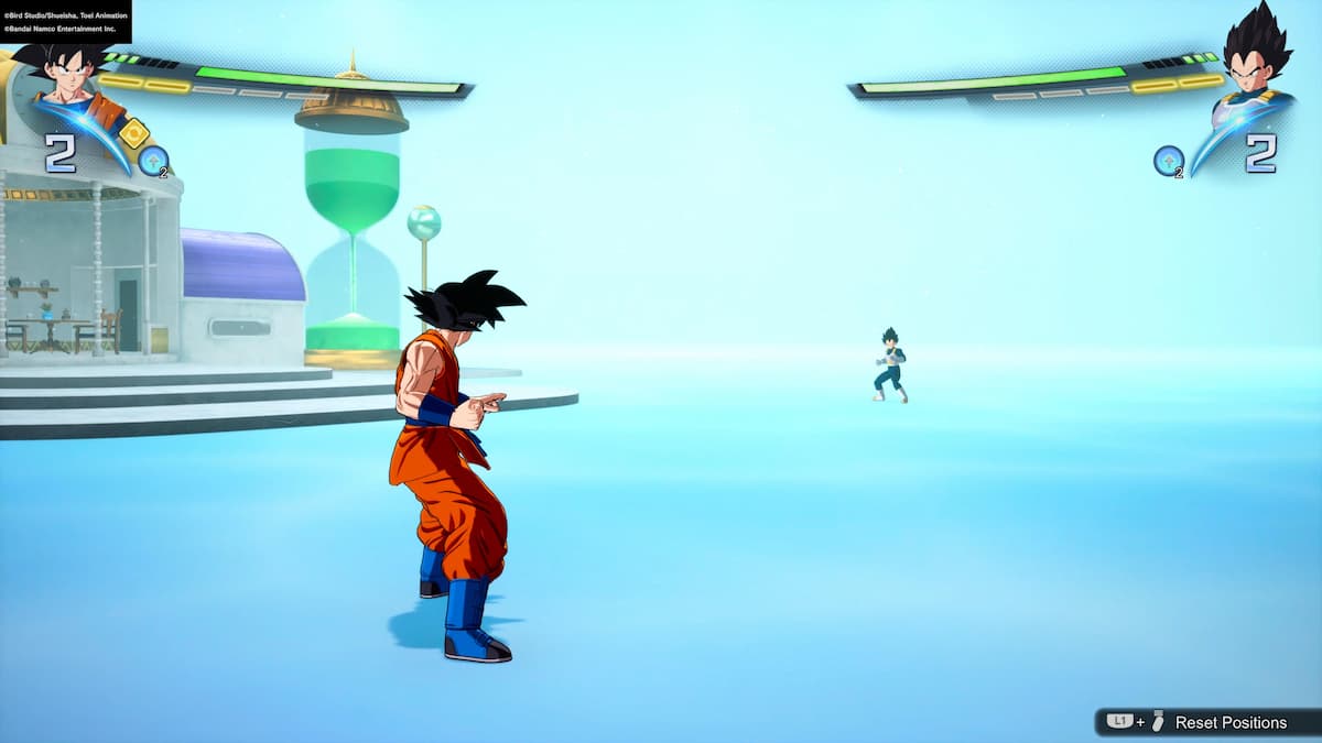 Goku facing Vegeta in the Hyperbolic Time Chamber, displaying the HUD in Dragon Ball: Sparking! ZERO.