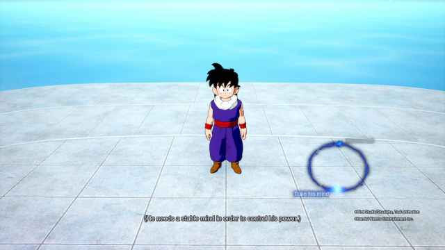 Young Gohan standing on a tiled surface in the Hyperbolic Time Chamber with blue in the background. 