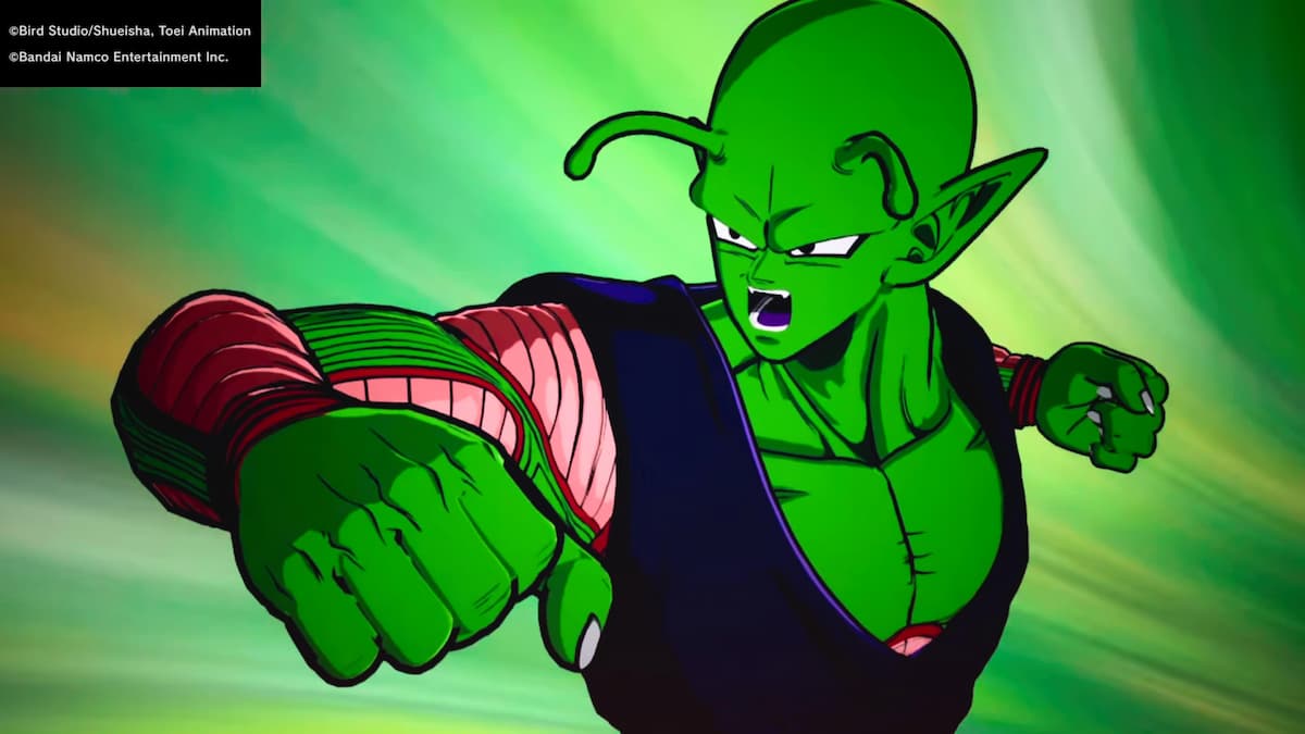 Close-up of Piccolo, in a fighting stance, with an intense expression and a green background.