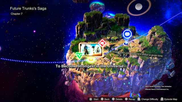 In-game map of Future Trunks's Saga, Chapter 7, titled "To Become Strongest in the Universe...," featuring objectives like "Wear down your opponent within a given time." The terrain shows cliff-like formations.