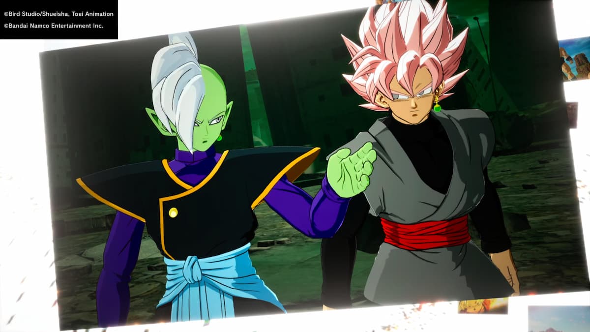 Close-up view of Zamasu and Goku Black standing together, both appearing stern and determined. Goku Black's signature pink hair and Zamasu's green skin are visible. The background is a dark, shadowy area, giving a dramatic atmosphere to the scene.