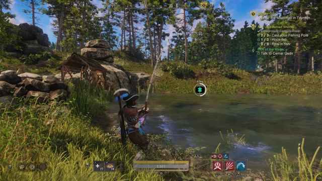 Player character fishing by a pond, surrounded by forest with a rustic hut nearby. A fishing prompt and various active quests are displayed.