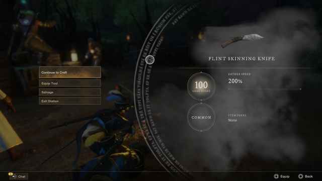 Crafting menu for a "Flint Skinning Knife" in New World: Aeternum, with gather speed at 200%. Player character is partially visible, crafting tools in hand.