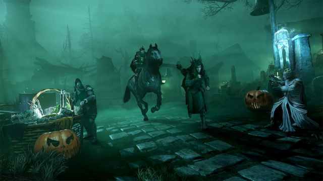 Players participating in the Nightveil Hallow event in a foggy graveyard setting. A mounted figure rides through while other characters in eerie costumes interact with Halloween decorations and pumpkins.