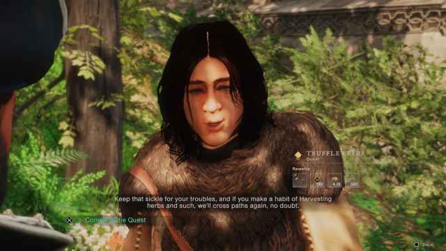 Close-up of Hapless Howe talking to the player after the "Truffle Fever" quest completion, offering a flint sickle as a reward. The conversation takes place outdoors in a forested area.