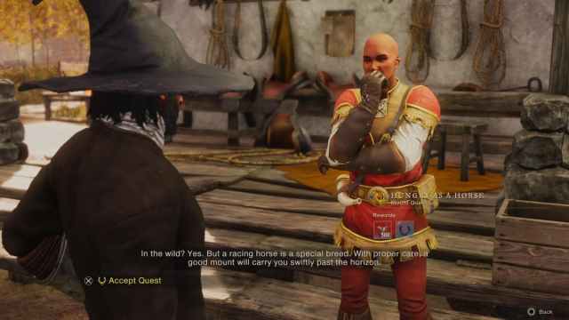 A quest interaction with Jochi Khan, a mount NPC, displaying the dialogue for the quest "Hungry as a Horse."