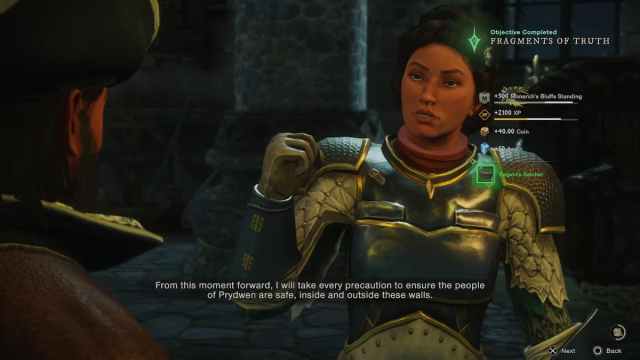 Knight-Regent Jin Jae speaking to the player after completing the "Fragments of Truth" quest, granting a reward of the Regent's Satchel. The scene is indoors, with the knight's armor clearly visible.