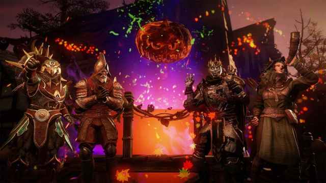 Four players in Halloween-themed costumes, including Captain Thorpe, Adiana, Ser Gawain, and an Anubian Reaver, standing in front of a glowing pumpkin during the Nightveil Hallow event in Aeternum.