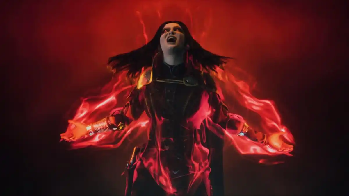 A mysterious woman in New World: Aeternum with her head thrown back, surrounded by an ominous red energy. The scene is dramatic, with the woman appearing to be unleashing dark power. The background is shadowy with a strong contrast of red glow around her.