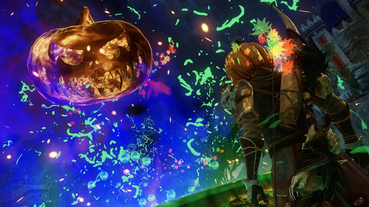 A large pumpkin head hovering over a cauldron with vibrant green liquid, surrounded by colorful sparks and leaves, as players in festive costumes watch the spectacle.